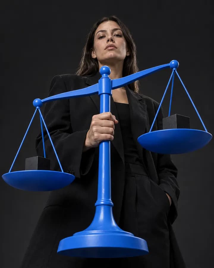 Frau wiegt zwei Würfel auf einer übergroßen blauen Waage