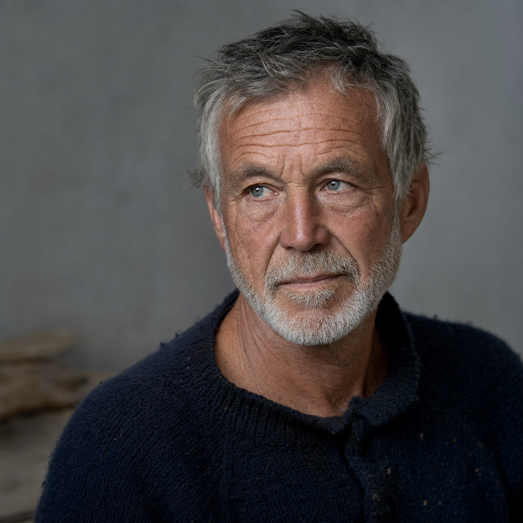 Photorealistic studio portrait of a weathered fisherman in a navy wool sweater, generated with GPT Image 2