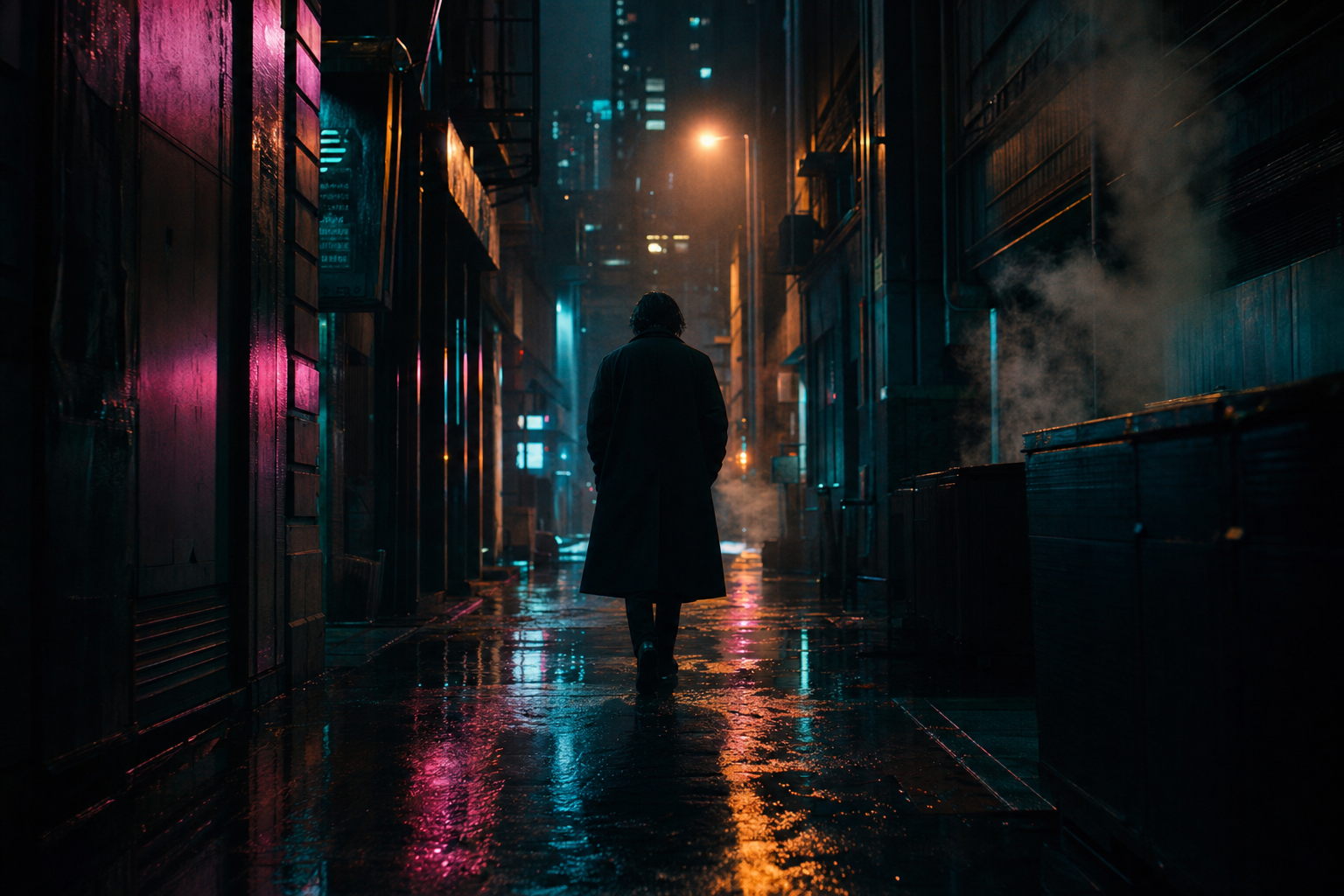 Cinematic anamorphic film still of a figure in a charcoal coat in a rain-soaked neon alley, generated with GPT Image 2