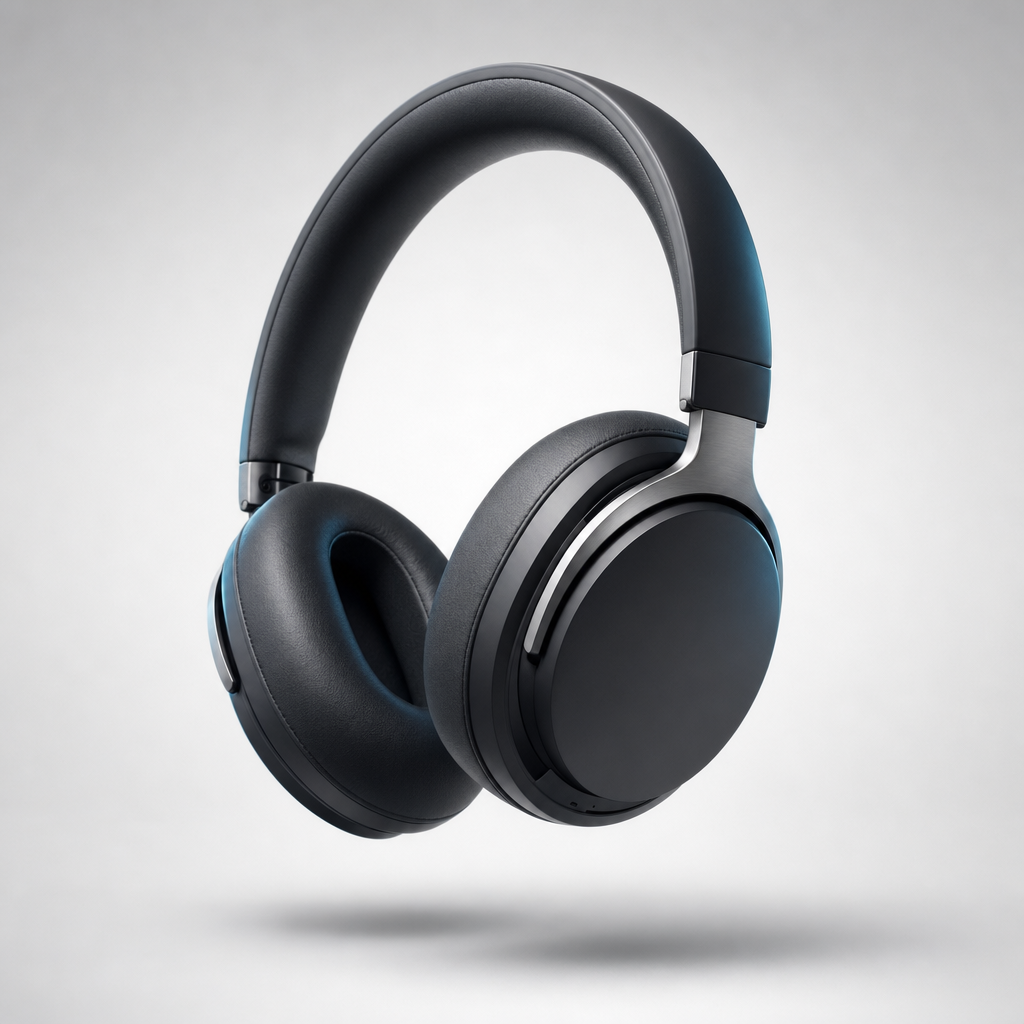 Studio e-commerce product shot of matte-black over-ear headphones on a grey gradient, generated with GPT Image 2
