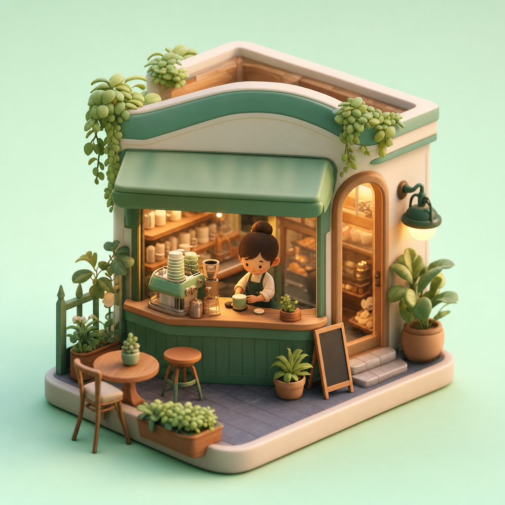 Cozy isometric 3D coffee-shop diorama with warm interior glow, generated with GPT Image 2
