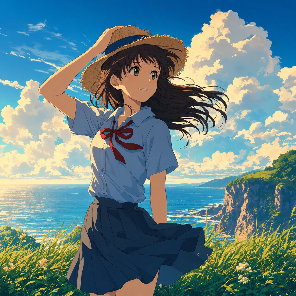 Anime cel-shaded illustration of a girl on a windy clifftop above the sea, generated with GPT Image 2