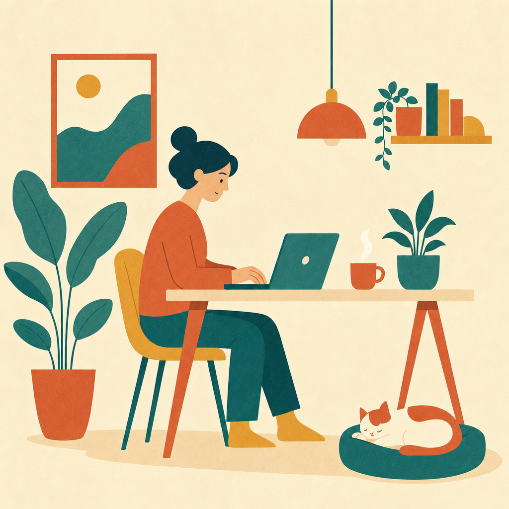 Flat geometric editorial illustration of a person working remotely at a desk, generated with GPT Image 2