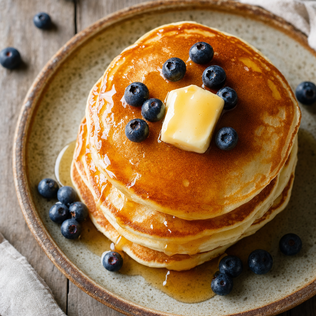 Overhead food macro of a syrup-drenched pancake stack with blueberries, generated with GPT Image 2