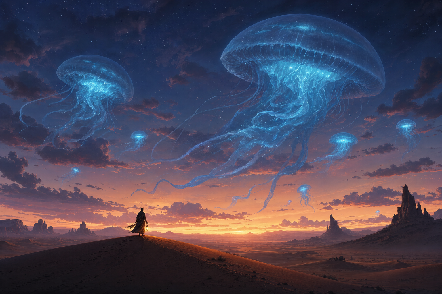 Surreal matte painting of giant translucent jellyfish drifting over a dusk desert, generated with GPT Image 2