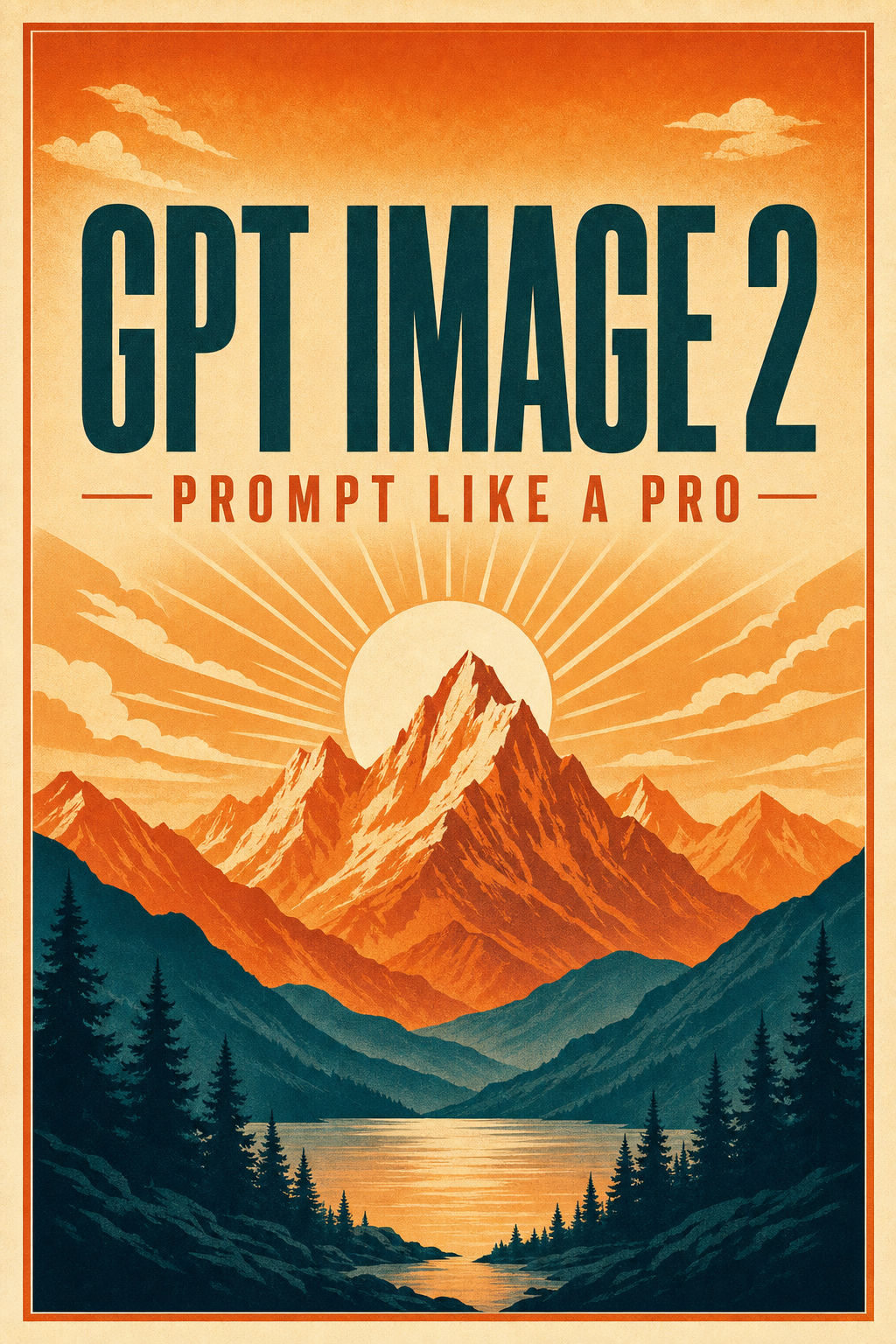 Retro-modern travel poster reading GPT IMAGE 2 and PROMPT LIKE A PRO over a sunrise mountain range, generated with GPT Image 2