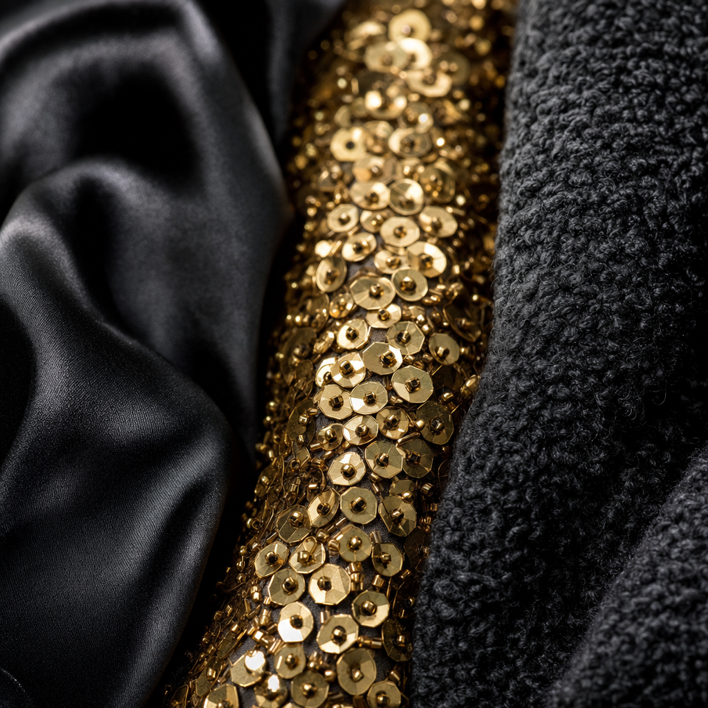 Macro of couture fabrics, black silk satin, gold sequins and charcoal boucle wool