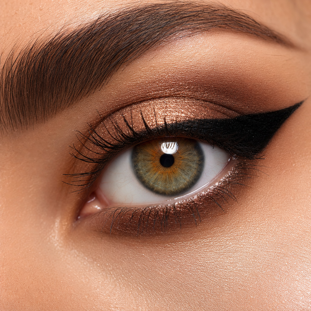 Macro of an eye with graphic liner, detailed iris and individual lashes