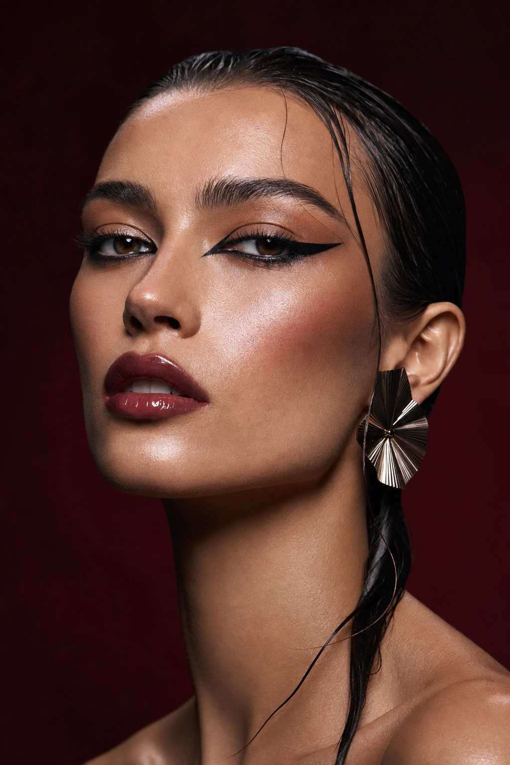 High-fashion Vogue-style beauty editorial portrait with graphic liner, glossy lips and dramatic beauty lighting, generated with GPT Image 2