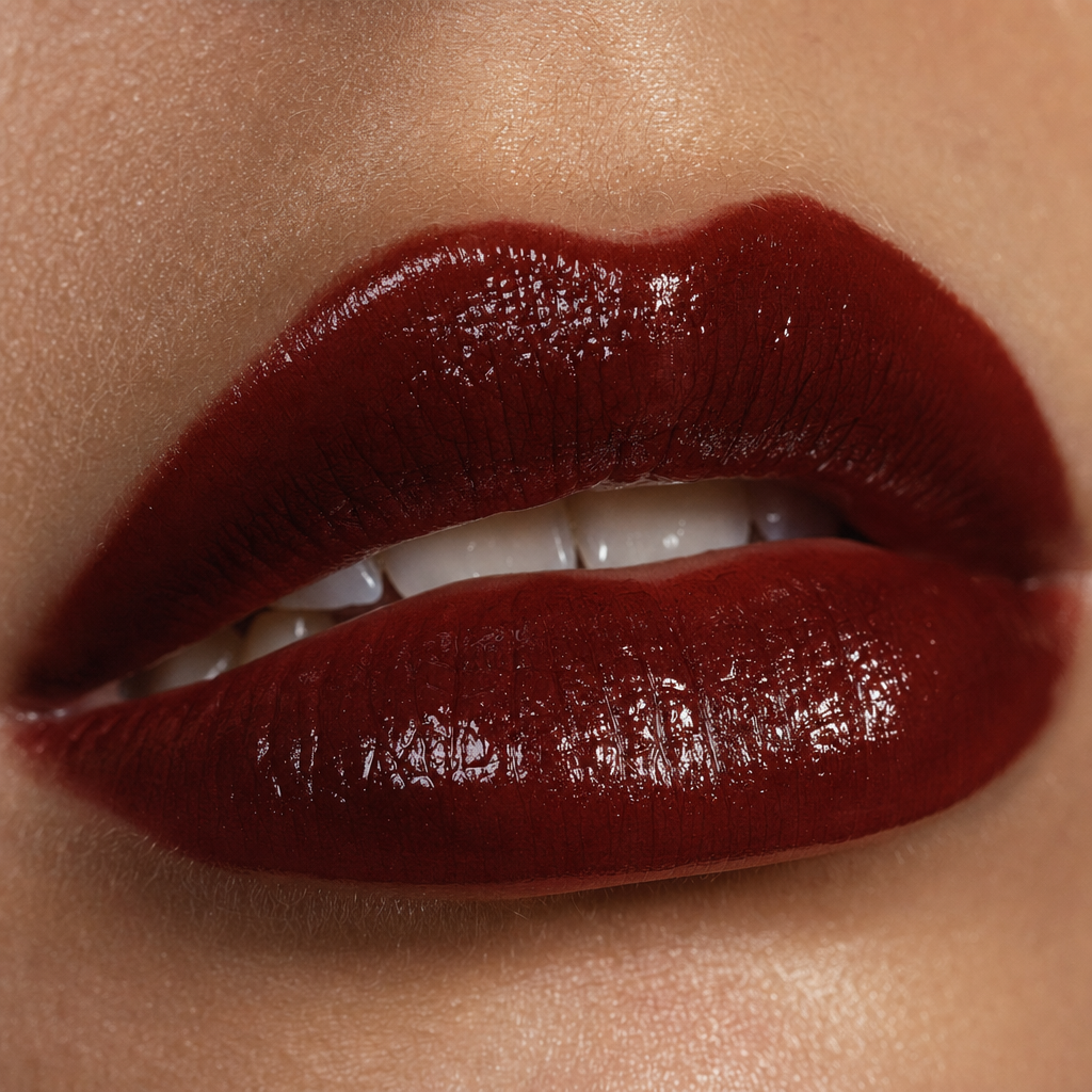 Macro of glossy oxblood lips with wet highlights and natural lip texture