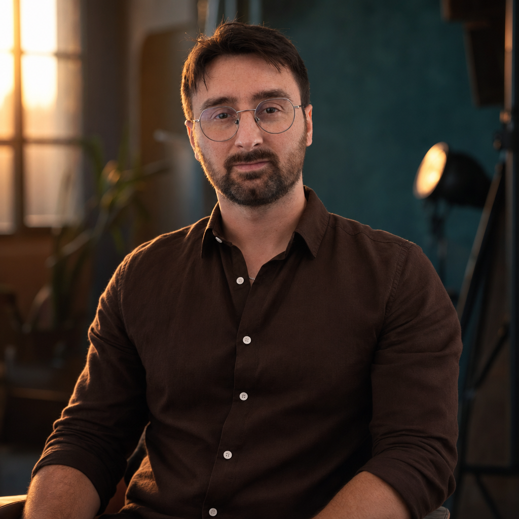 Cinematic editorial portrait of the author in a dusk studio with warm rim light, generated with GPT Image 2