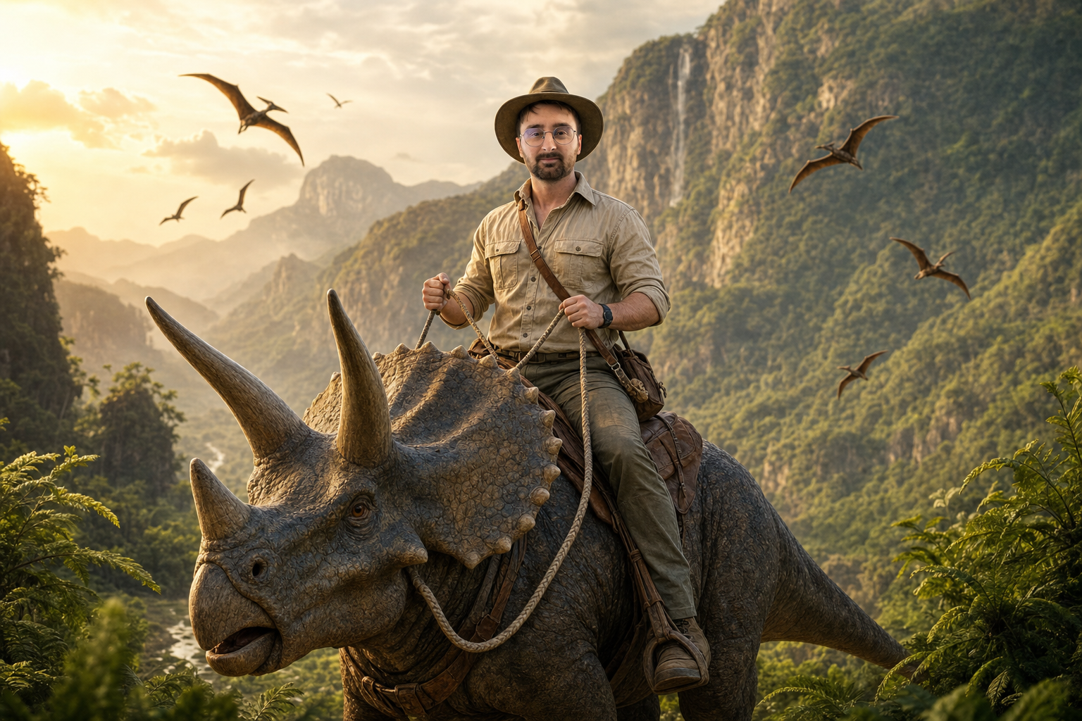Humorous cinematic shot of the author in a safari outfit riding a Triceratops through a prehistoric valley, generated with GPT Image 2