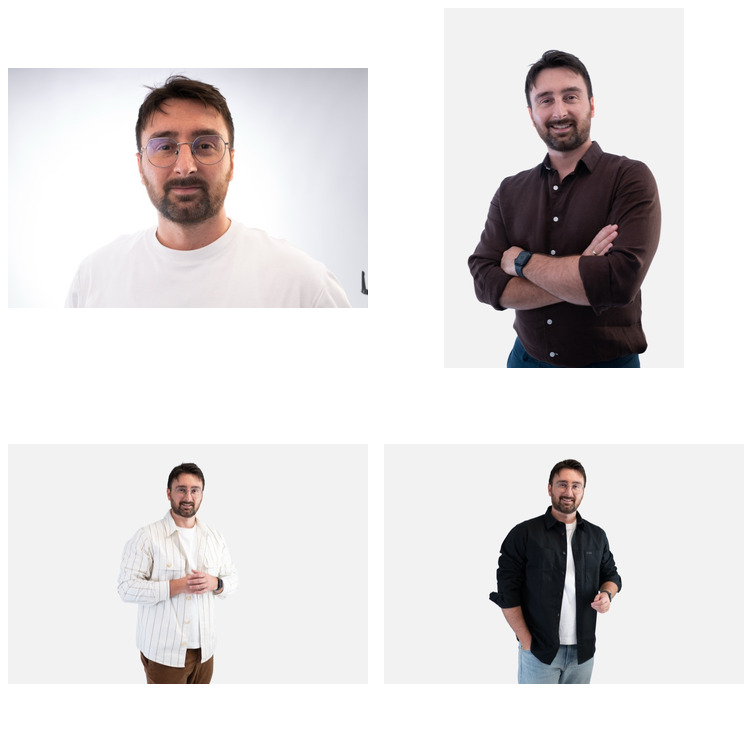 Contact sheet of four frontal studio reference photos used to teach GPT Image 2 the subject's identity