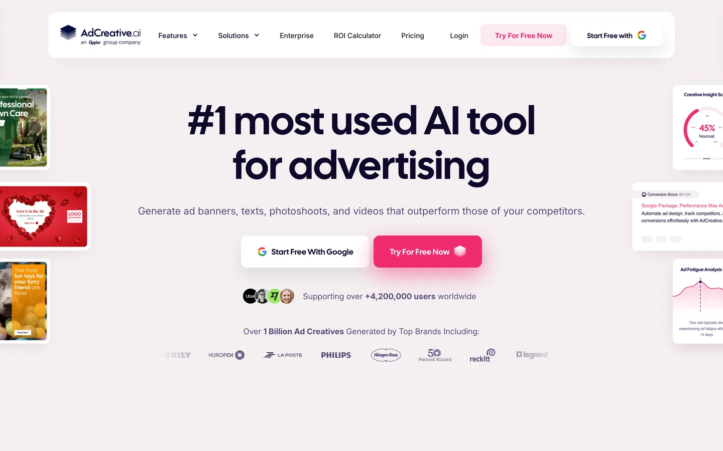AdCreative.ai homepage as of August 2026