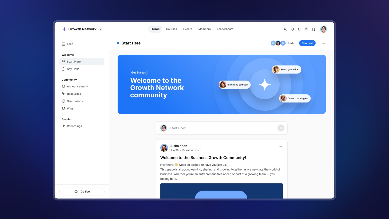 Circle-Community-Raum mit Diskussionen, Mitgliederprofilen und Aktivitäts-Feed