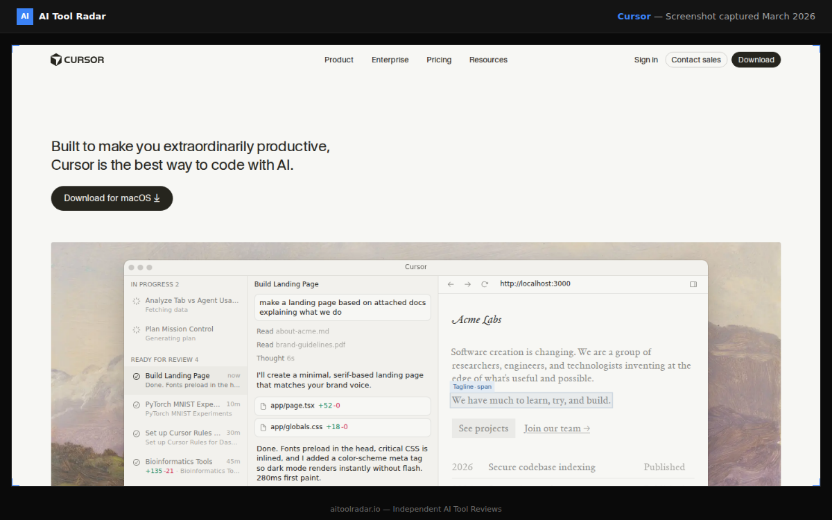 Cursor website preview — homepage as of March 2026