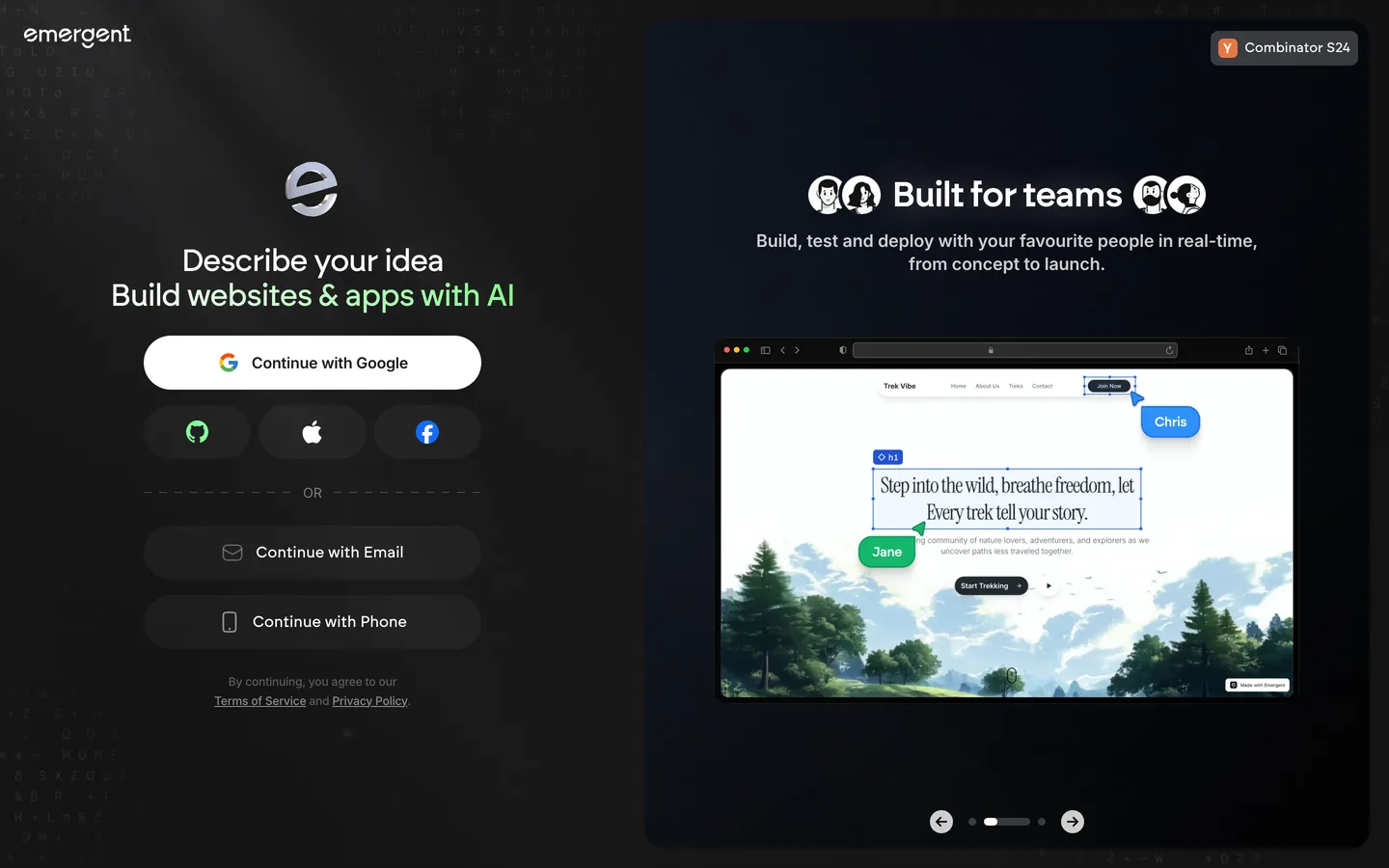 Emergent homepage as of August 2026
