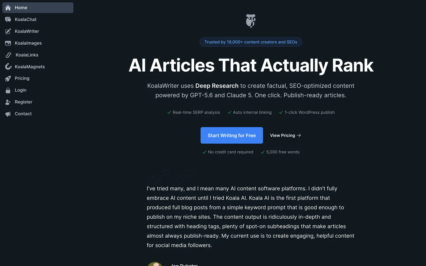 Koala Writer homepage as of August 2026