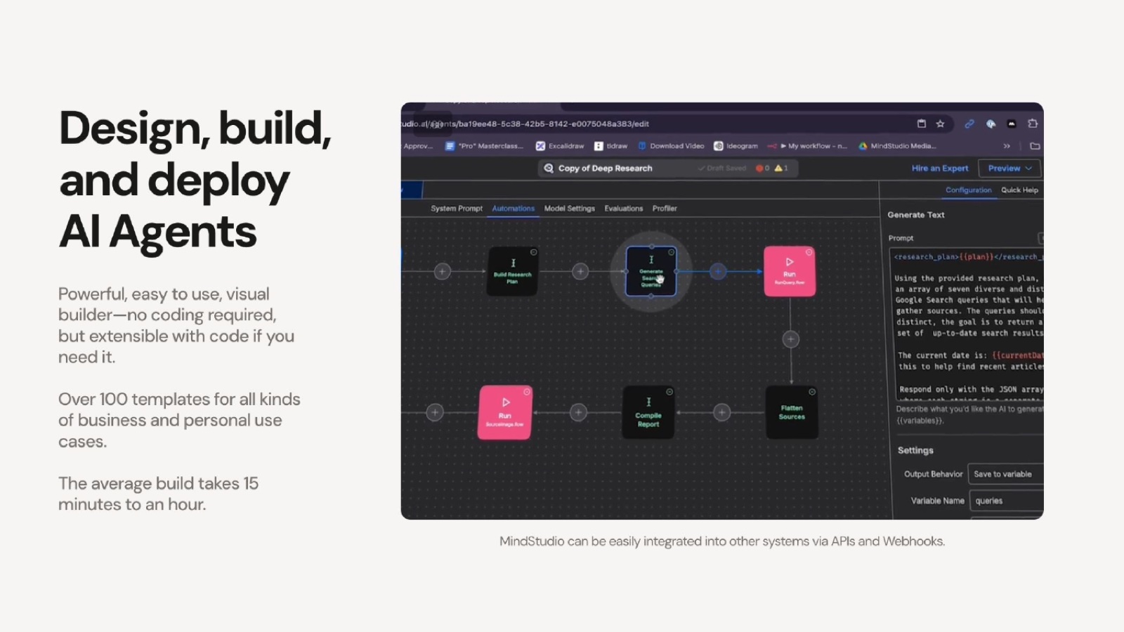 MindStudios visueller Workflow-Builder mit einer verbundenen Kette von AI-Agent-Blöcken