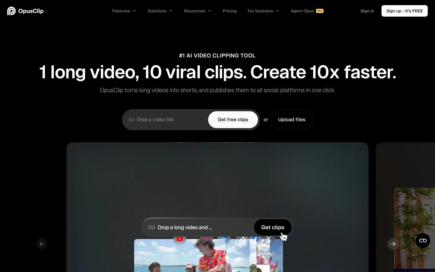 Opus Clip homepage as of August 2026