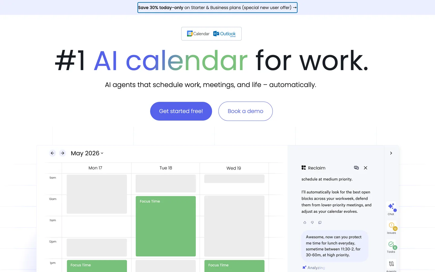 Reclaim.ai Startseite, Stand August 2026