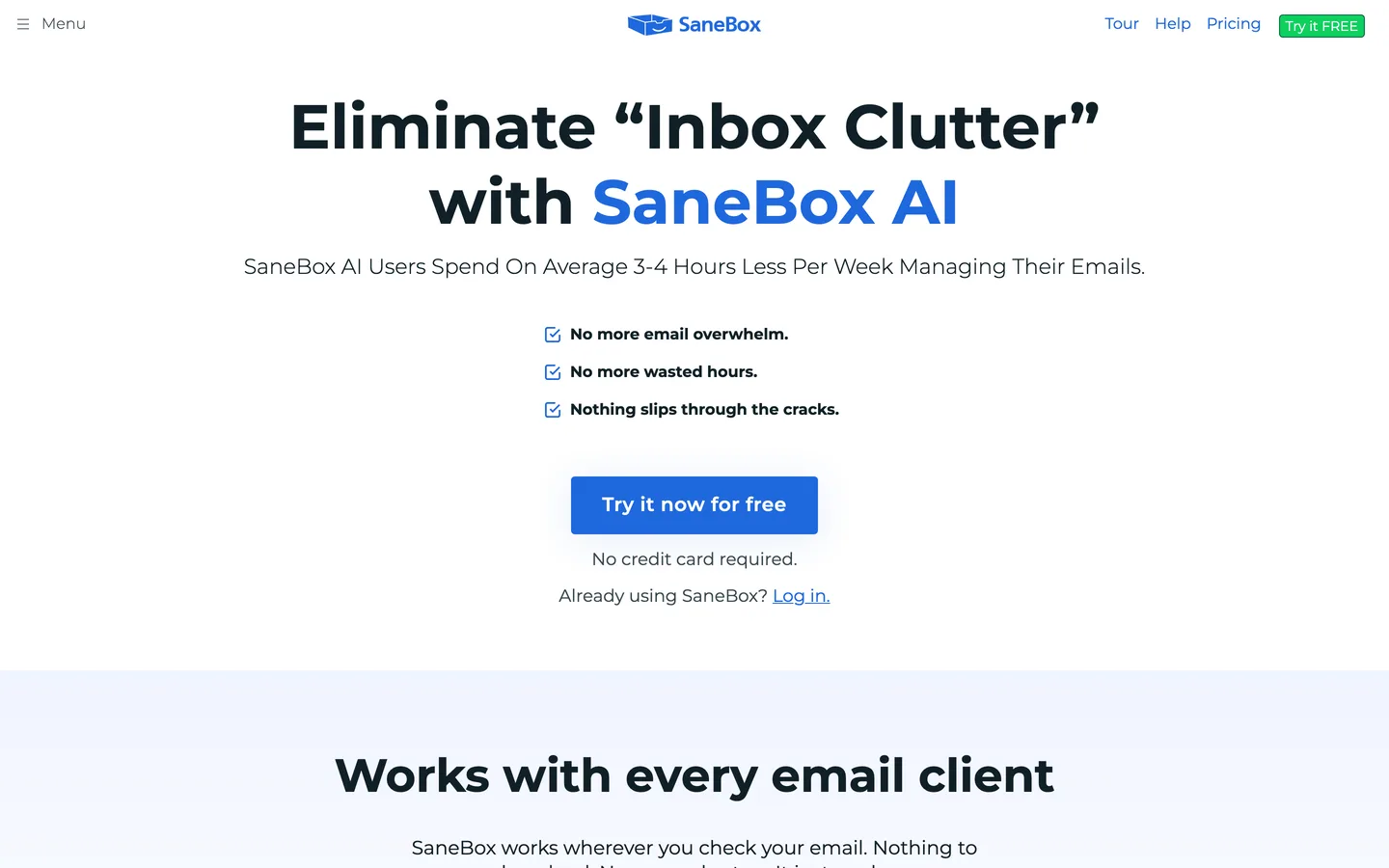 SaneBox homepage as of August 2026