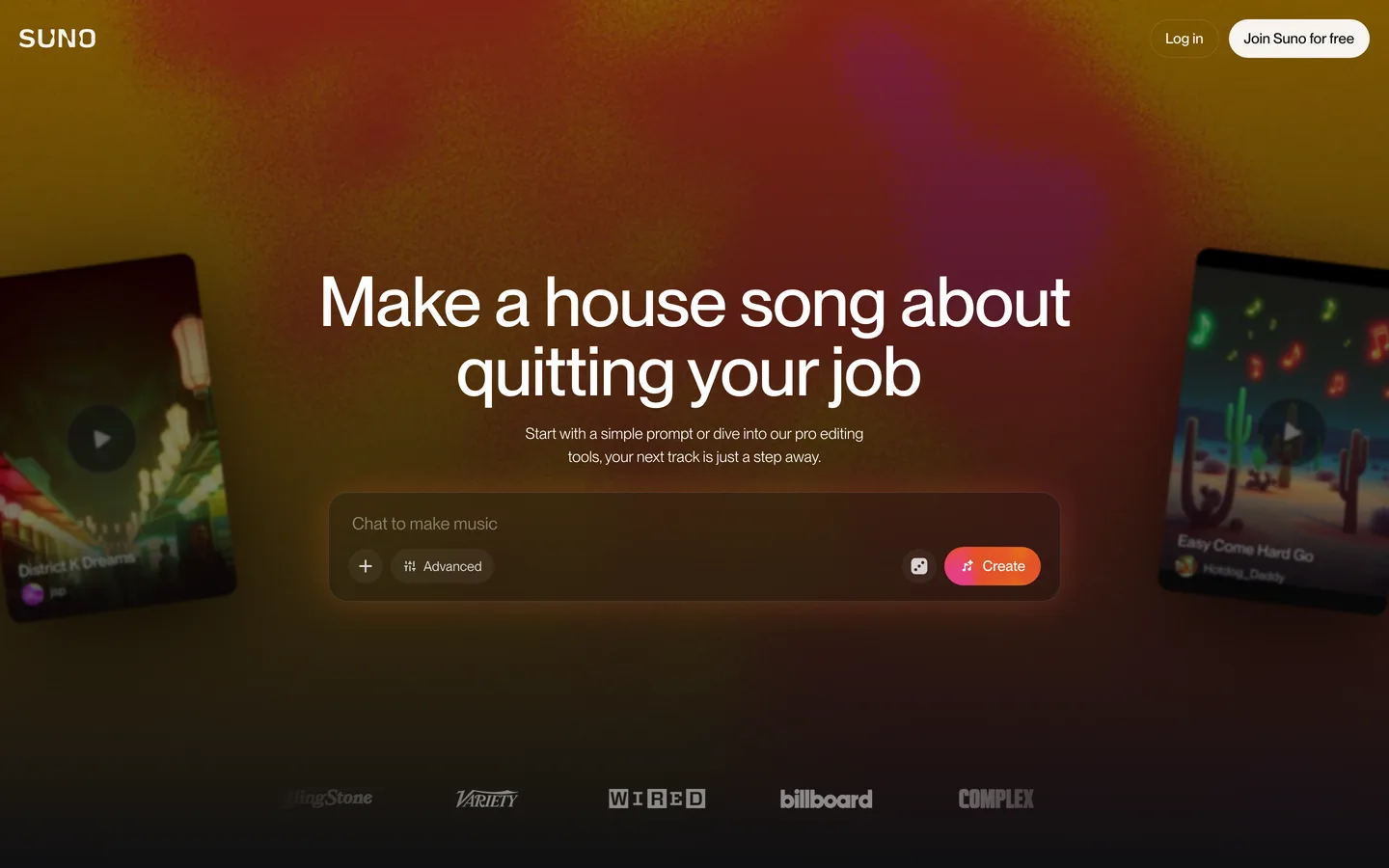 Suno AI homepage as of August 2026