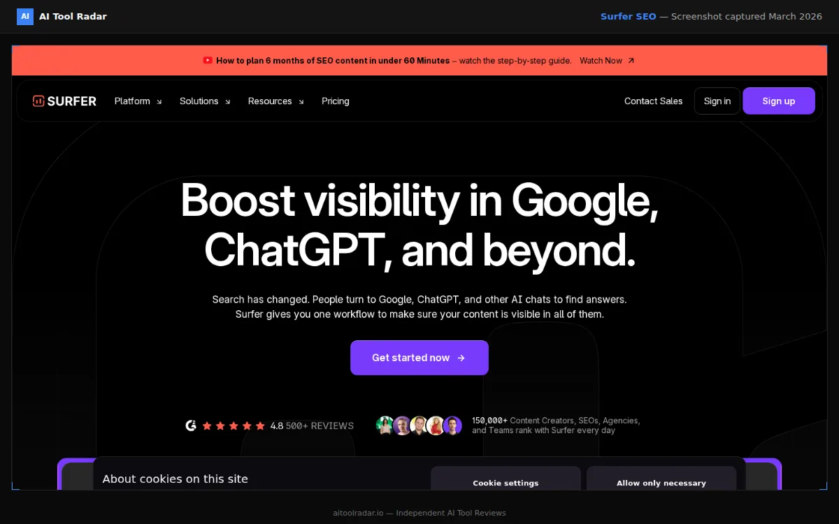 Surfer SEO website preview — homepage as of March 2026